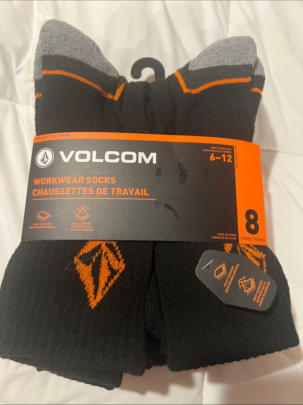 Volcom Black & Gray Workwear Crew Socks with Orange Logo - 8 Pack size 6-13 men’